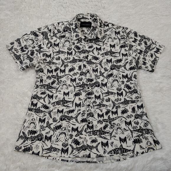 Marcel Von Berlin Short Sleeve Button Down Shirt Shark Print Black White Size 42 - Picture 10 of 11